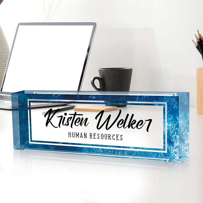 Custom Name Plate for Desk, Desk Name Plate Personalized, Office Decor for Women Men, Acrylic Desktop Accessories, Office Gifts for Coworkers Boss Teacher, Employee Appreciation Gifts (Blue Sea)