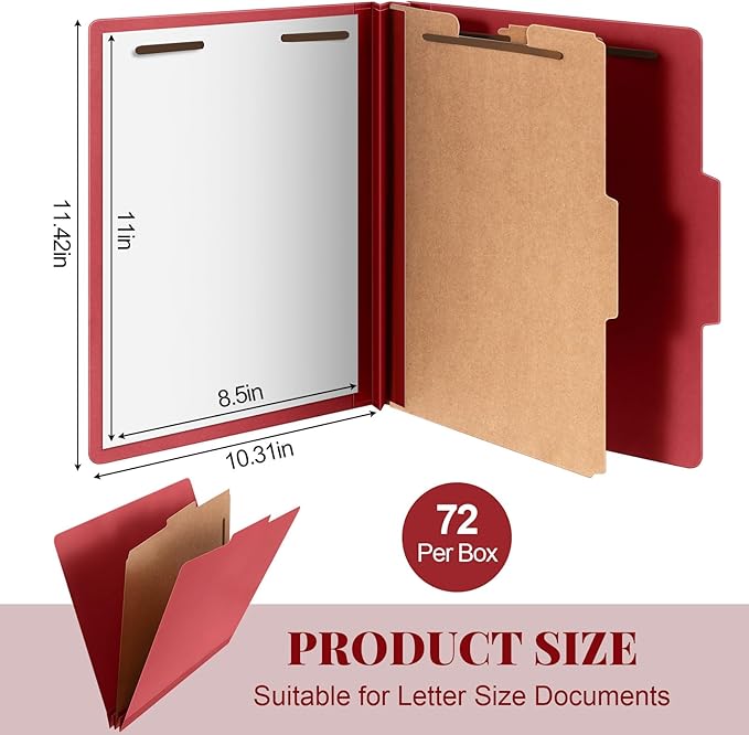 Skyygemm 72 Pcs Classification Folders Letter Size, 1 Divider Pressboard File Folder with Fasteners, Expanding Tax File Organizer Bulk for Teachers, Office, Church, Christmas Donations (Red)