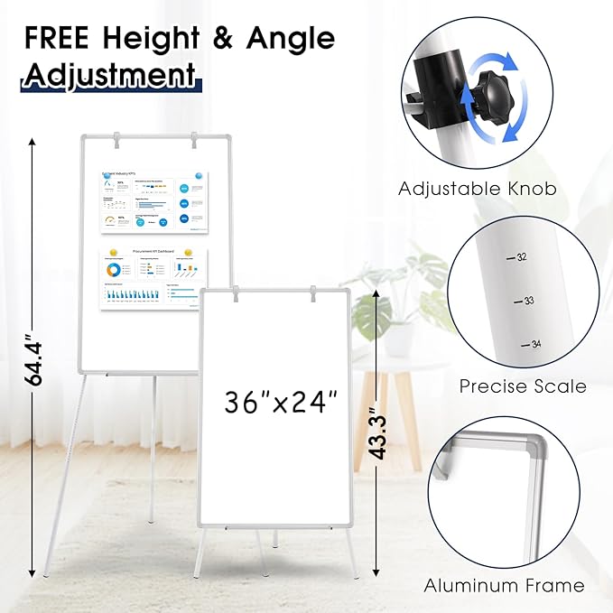 Magnetic Whiteboard Easel, 36"x24" Height Adjustable Dry Erase Board with Stand, Large Aluminium Frame White Board for Teaching, Flipchart Standing Writing Board for Office, Home (White)
