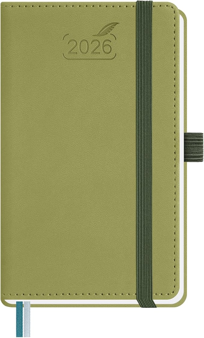 BEZEND Pocket Calendar 2026 Weekly and Monthly (3.5" x 6") Small Daily Planner for Purse (Jan-Dec) with Notes & Expenses, Inner Pocket, Pen Holder, Vegan Leather Hardcover - Kiwi