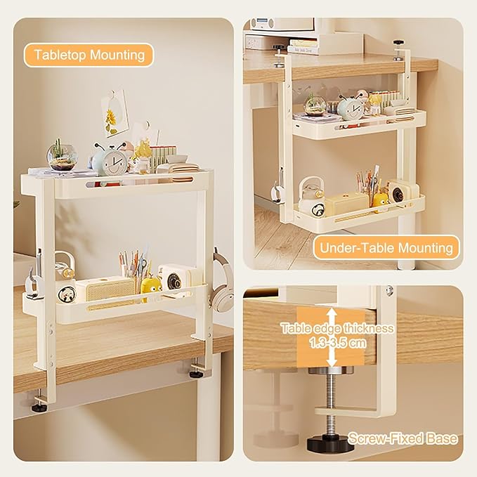 JHDXL Clamp On Desk Organizer Shelf, Rotatable Height Adjustable Over or Under Desk Storage Shelves, Vertical Storage for Small Desks, Home Office, Dorm, Makeup Vanity(White,66cm/26in)