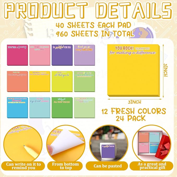 Yinder 24 Pcs Employee Appreciation Sticky Notes New Year Gift Bulk Motivation Sticky Note Pads Inspirational Gift for Teacher Nurse Staff Coworker Office Supply 3 x 3'' (Appreciation,Multicolor)