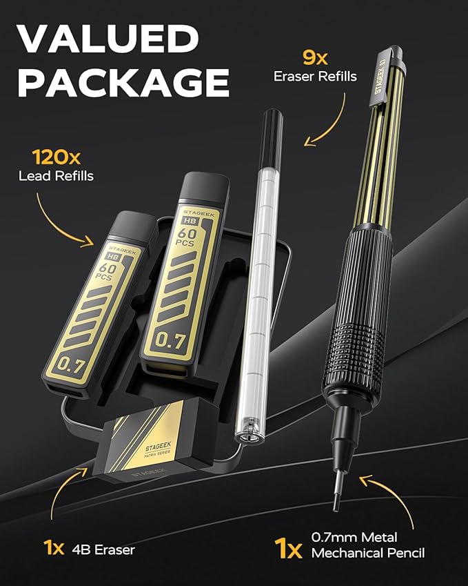 STAGEEK 0.7mm Mechanical Pencil with Metal Gift Case, 1PCS Metal Mechanical Pencil with 120Pcs HB Lead Refills,4B Erasers and 9PCS Eraser Refills, for Writing Drafting Drawing and Sketching(Gold)