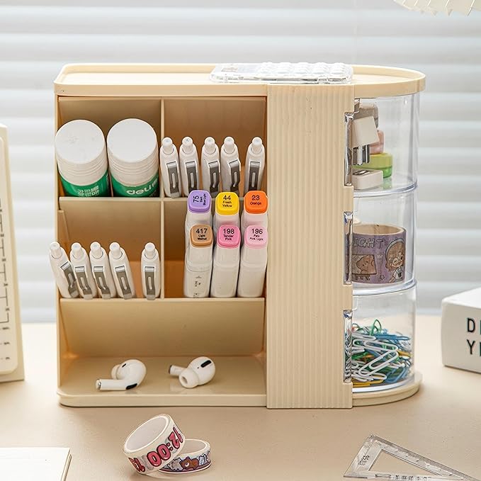 Desk Organizer with 3 Rotatable Drawer, Multi-Functional Pencil Pen Holder for Desk, Desk Organizers and Storage with 4 Slanted Compartments, Desktop Organizer for Office Home Supplies