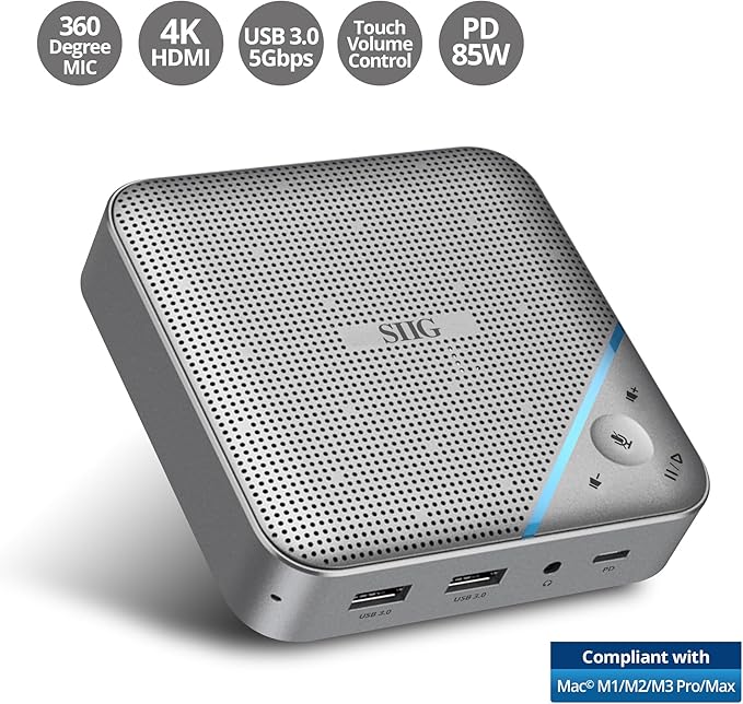 SIIG USB-C Multitask Mini Dock with Conference Speaker, Omnidirectional Microphone, Touch Volume Control, 4K HDMI, USB 3.0, 85W PD, Plug-N-Play, Mac and Windows, Silver (JU-DK0S11-S1)