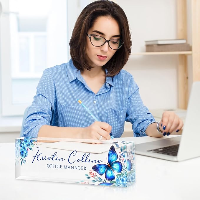 Custom Name Plate for Desk, Personalized Desk Name Plate on Clear Acrylic Glass, Appreciation Gifts for Teacher Employee Boss Coworkers Nurse, Office Desk Accessories for Women Men (Azure)