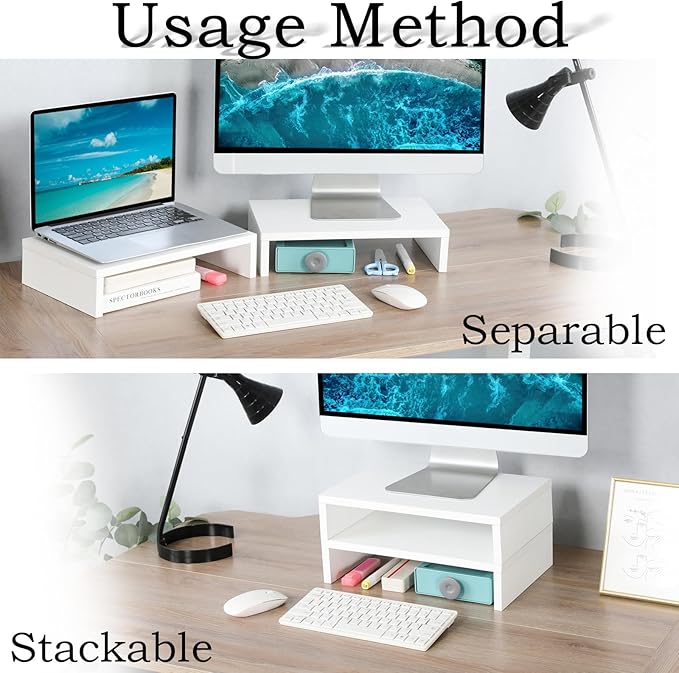 TEAMIX White Monitor Stand Riser - 2 Pack, Wood 2 Tier Adjustable Dual Monitor Riser for Laptop/PC Computer Stand for Desk