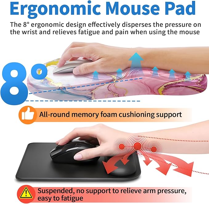YIWEI Ergonomic Mouse Pad with Wrist Rest - Comfortable Office Mousepad with Memory Foam Wrist Support for Carpal Tunnel Relief, Mouse Pads with Non-Slip Base for Gaming and Home (Pink Marble)