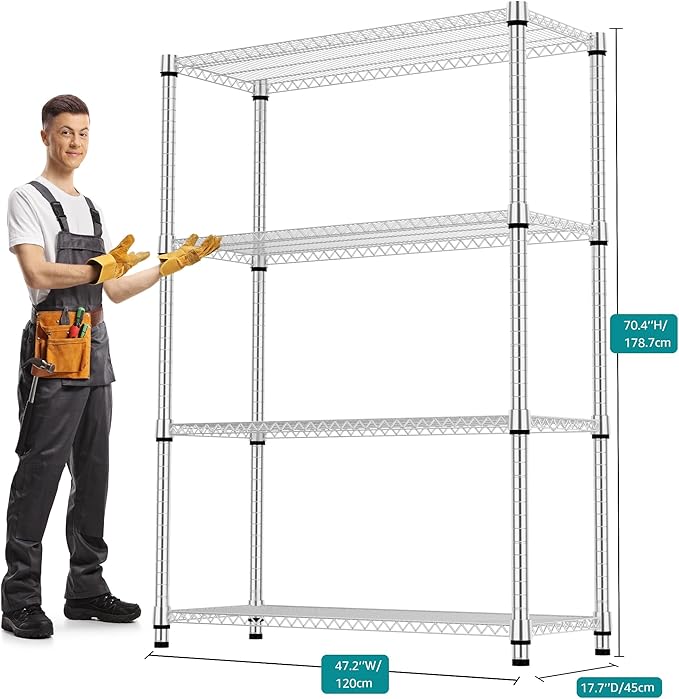 4 Tiers Shelf Metal Storage Shelves 2640 lbs Steel Storage Shelving Utility Shelving Unit Steel Organizer Wire Rack for Home,Kitchen,Office,Garage Chrome 17.7" D x 47.2" W x 70.3" H