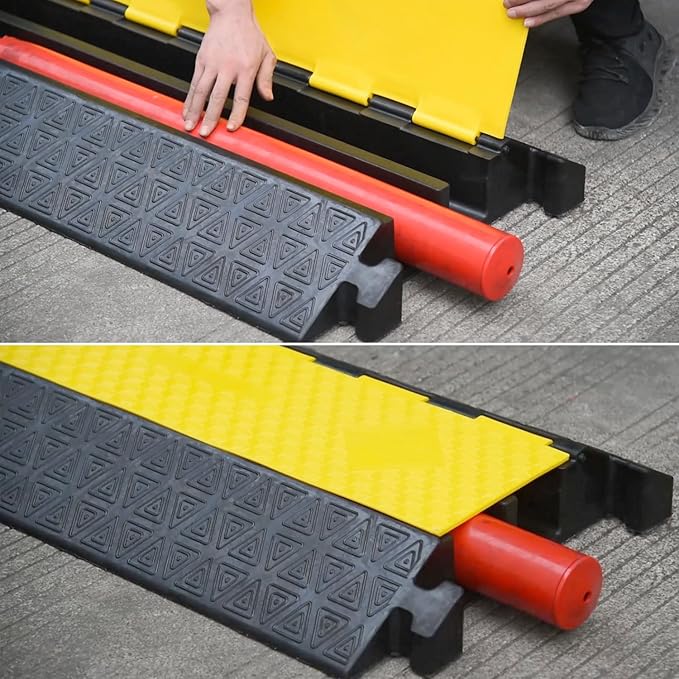 Large 2-Channel Rubber Floor Cable Protector Ramp, Heavy-Duty Floor Cable Wire Cord Cover Speed Bumps, Driveway Hose Cable Ramp Protective Cover (2 Large Channels)