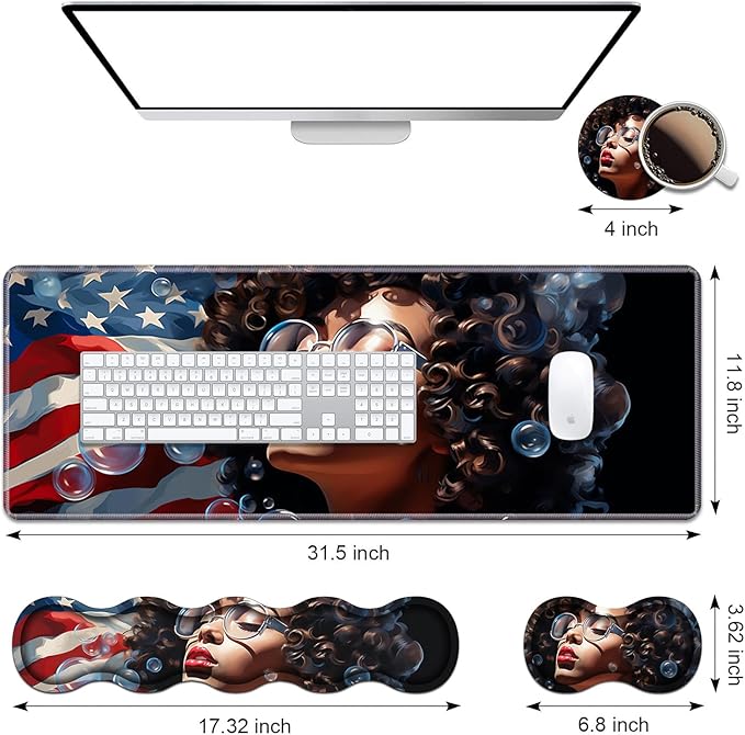 Ergonomic Keyboard Wrist Rest & Mouse Pad Wrist Rest Set, Large XXL Gaming Desk Mat 31.5"x 11.8" with Memory Foam, Easy Typing Pain Relief for Office & Home, African American Girl