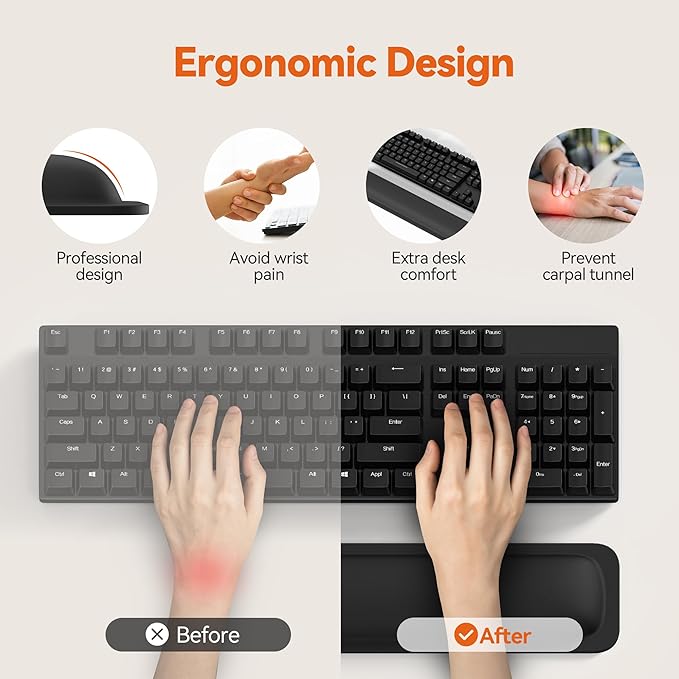 TECKNET Wrist Rest for Computer Keyboard, Thicken Memory Foam Wrist Support Pad for Keyboard, Ergonomic Palm Rest for Pain Relief, Anti-Slip Rubber Base, 17x3.3 in, 1 inch (25mm), Black