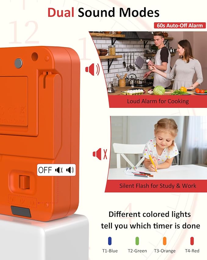 Digital Kitchen Timer for Cooking - 4 Channel Count Up Countdown Timer with Loud Alarm and Silent Mode, Large Display, Magnetic Back, Auto Memory for Classroom Study Gym, Battery Included (Orange)