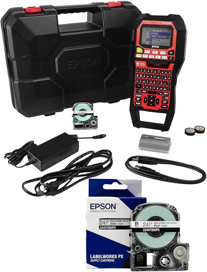 Epson LABELWORKS LW-PX900PCD Healthcare Workplace Bundle - Industrial Label Maker & 224VTBWPX Genuine Tape Cartridge - Black on White Flexible and Durable Vinyl Industrial Label Maker Tape - 1" (24MM)