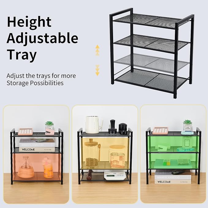 Desktop Shelf Organizer, 3-Tier Office Storage Rack, Adjustable Metal Bookshelf for Top of Desk, Desk Organizer for Office, Home, Dorm and Small Spaces (Black)