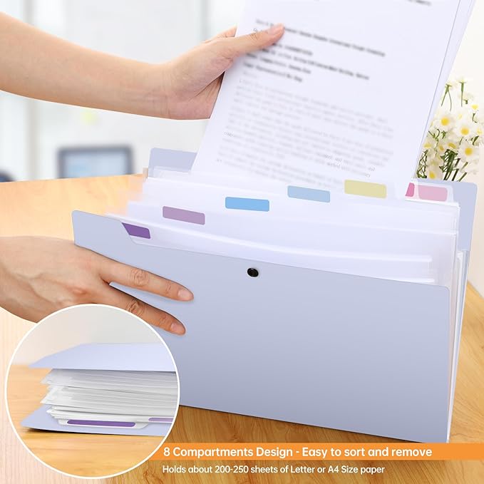 2 Pack Expanding File Folder Organizer with 8 Pockets, Accordion File Organizer for Documents, A4/Letter Size Paper File Folder with Labels, Portable Folders for School Office Supplies, Purple