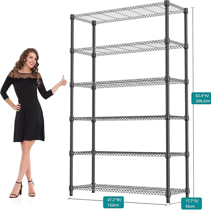 6 Tiers Shelf 2100 lbs Steel Storage Shelving Utility Shelving Unit Steel Organizer Wire Rack for Home,Kitchen,Office,Garage Black 17.7" D x 47.2" W x 82.4" H