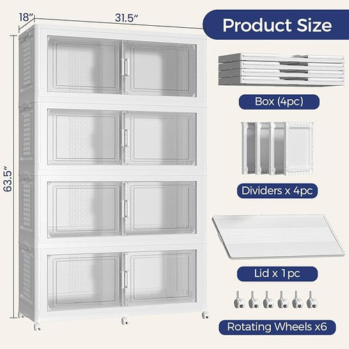 200GAL Storage Bins with Lid and Wheels, Stackable Closet Organizers and Storage Drawer, Collapsible Storage Box with Dividers, Foldable Plastic Cabinets for Room, Kitchen, 4 Pack White