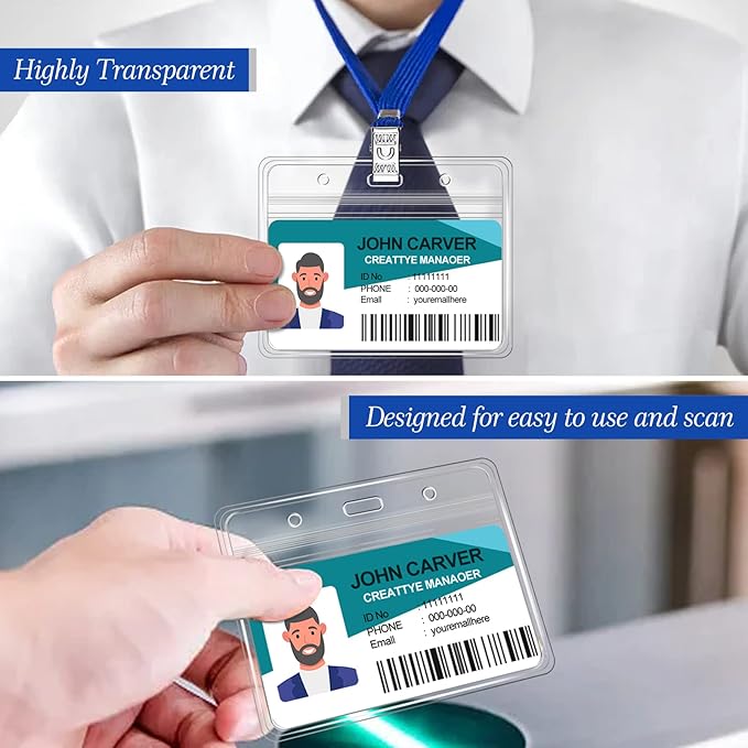 100 Pcs Clear Horizontal Badge Id Card and 100 Pcs Lanyard, Reusable Lanyards for Id Badge Holder Name Tag Badge Holder with Lanyards for Adults Kids Business School Conferences (Blue)