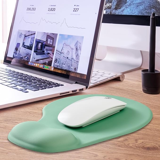 JIKIOU Mouse Pad, 2 Pack Ergonomic Mouse Pads with Comfortable Gel Wrist Rest Support and Smooth Cloth, Non-Slip PU Base for Easy Typing Pain Relief Durable and Easy to Clean Small Pastel Green