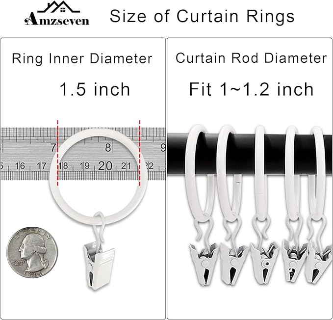 AMZSEVEN 40 Pack Metal Curtain Rings with Clips, Drapery Clips Hooks, Decorative Curtain Rod Clips 1.5 in Interior Diameter, Rustproof White