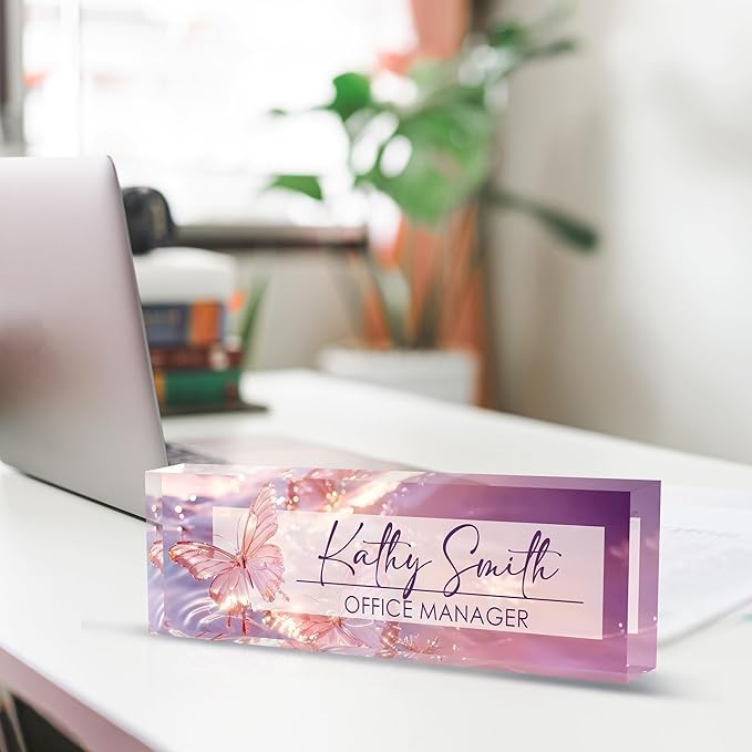 Personalized Name Plate for Desk, Custom Desk Name Plate, Acrylic Name Plate Office Desk Accessories, Personalized Office Gifts for Coworkers Teachers, Employee Appreciation Gifts (Purple Crystal)