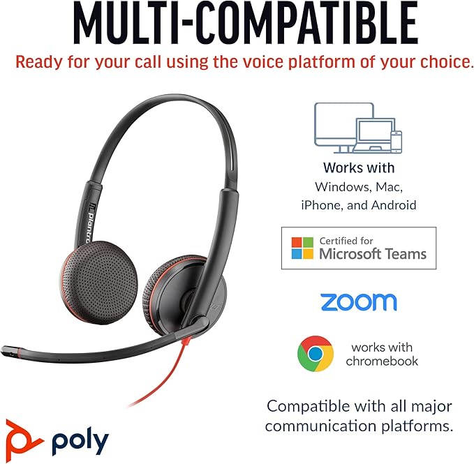 Poly Blackwire 3225 Wired Headset (Plantronics) - Noise-Canceling Mic – Stereo Design - Connect to PC/Mac/Mobile via USB-C, USB-A, or 3.5mm - Works w/Teams, Zoom - Amazon Exclusive