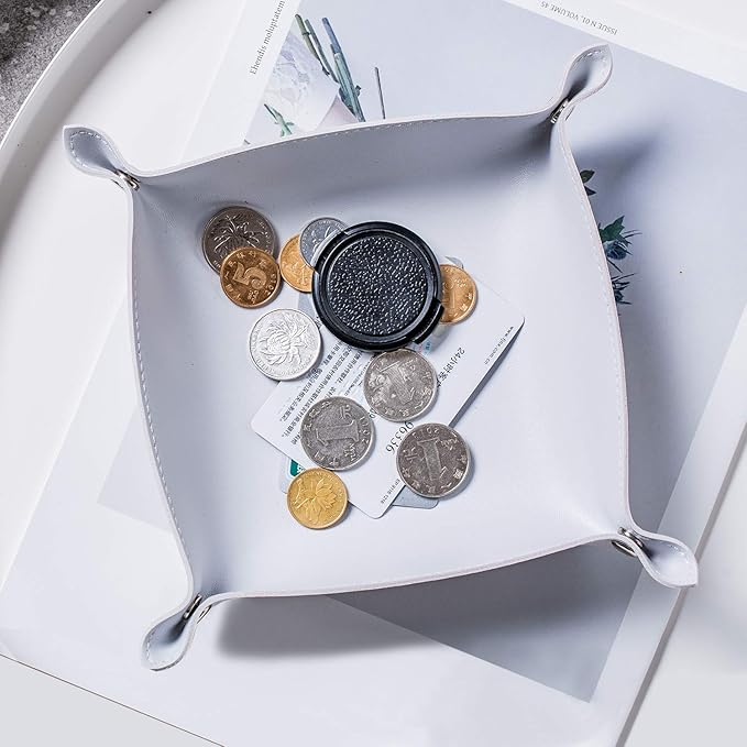 SANQIANWAN Leather Jewelry Valet Tray for Women and Man, Entryway Table Bedside Nightstand Desk Portable Small Catchall Travel Dish Plate for Key,Wallet,Watch,Coin(Grey White-B)