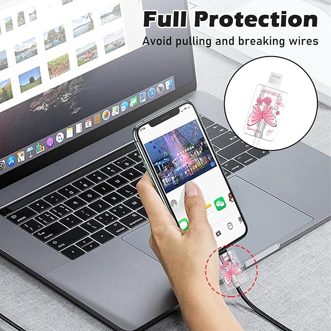 Lovely DIY Cable Protector for iPhone 18W/20W Adapter Charger, Cute Pink Butterfly Design Transparent Data Line Cable Saver Phone Charging Protector for Apple Charger Case