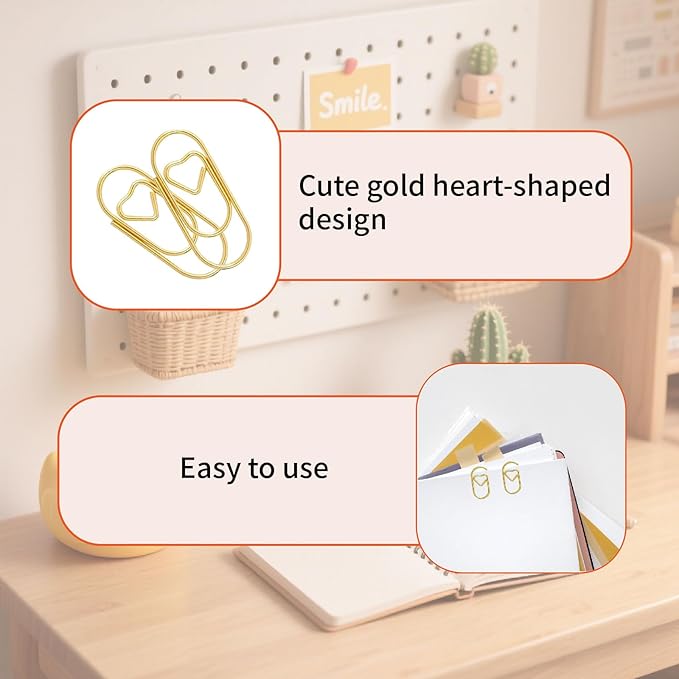 ADULLPONY Small Gold Paper Clips: Love Heart Shaped Paperclips 200 Pcs Mini Metal Cute Paper Clips Holder for Home Office School Desk Organizers Wedding Decorative Supplies
