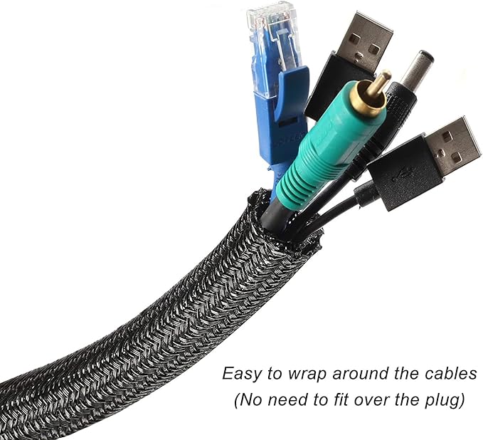 1/4" x 100ft Black Cable Sleeve Protector - Split Wire Loom Tubing for USB/Power/AV Cords, Pet-Proof Chew-Resistant Cover for Cats & Dogs, Flexible Cord Organizer (Black)