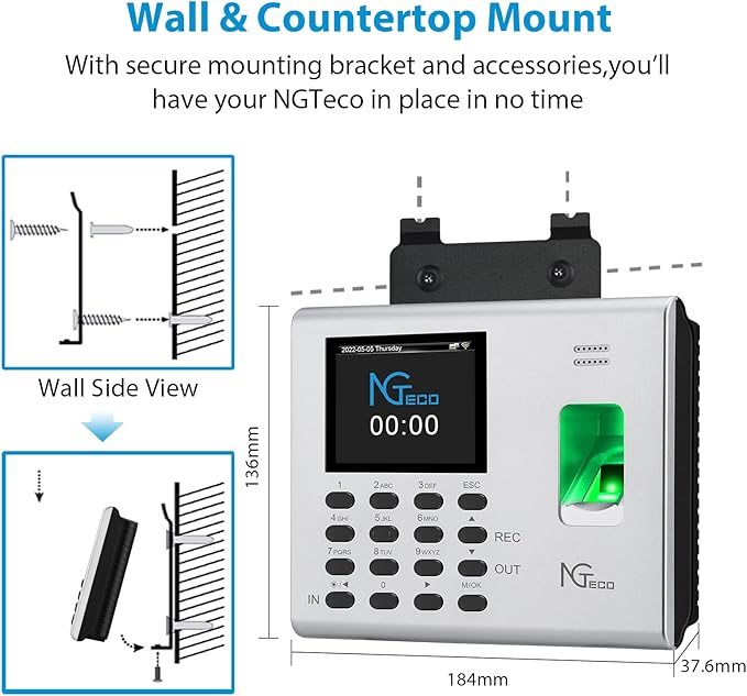 NGTeco Time Clock for Small Business, 2.4GHz WiFi Fingerprint Employee Time Card Machine with iOS/Android App, Automatic Punch in/Out, Battery Backup, No Monthly Fees