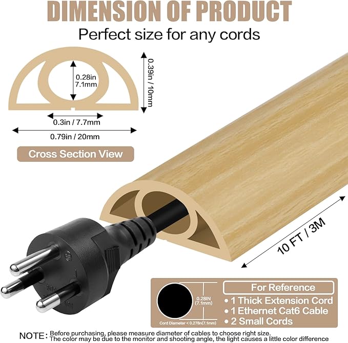 Floor Cord Cover Self Adhesive Cord Hider,10FT Cable Management, Extension Strip Protector for Wires, Prevent Cable Trips for Offices, Gyms, Exhibitions Cavity:0.3"(W) x0.28(H) WoodLightyellow