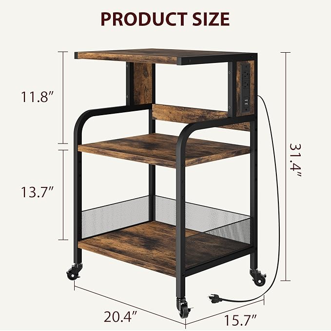 GarveeLife Printer Stand with Power Outlets, 3-Tier Rolling Printer Table with Lockable Wheels, Heavy Duty Printer Cart with Adjustable Shelves, Utility Storage Cart for Home, Office, Brown