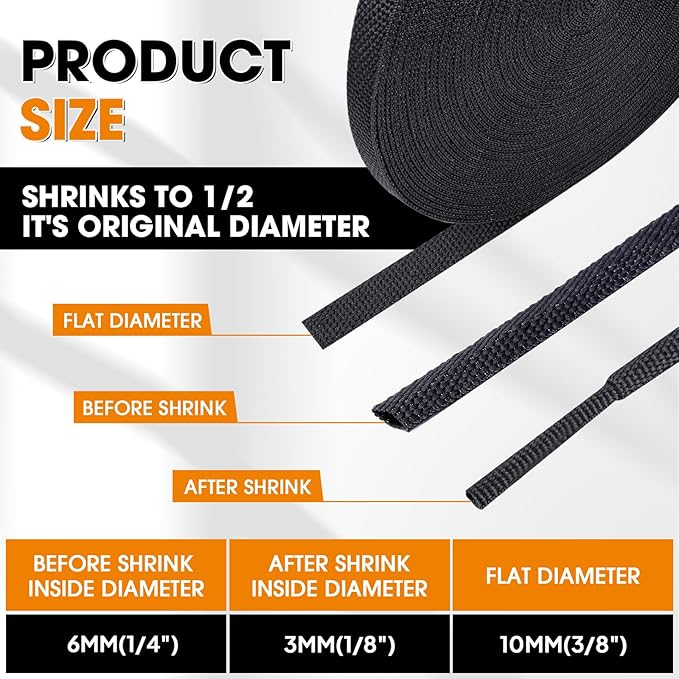 Black 2:1 Ratio Automotive Heat Shrink Braided Sleeving,Wear-Resistant Flat Woven Shrinkable Sleeve Fabric Car Cable Wires Hoses Protection (1/4''-66ft)