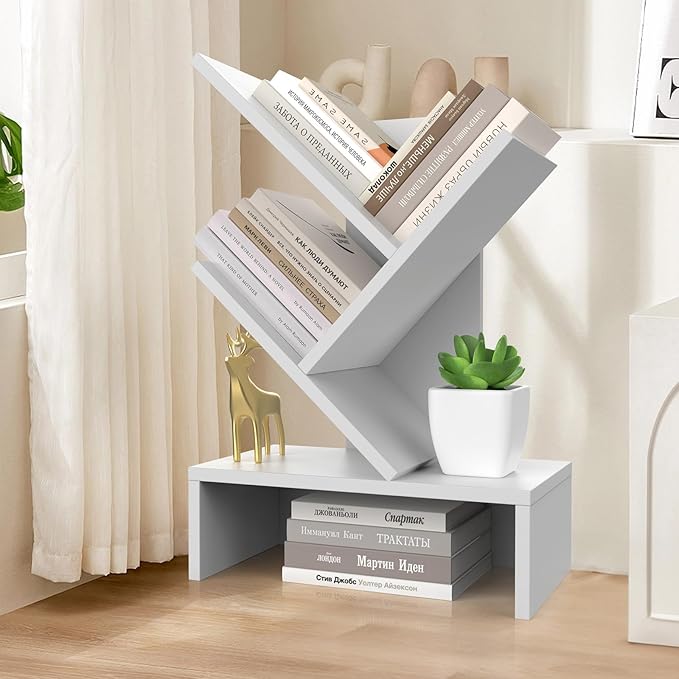Godferyxin Small Bookshelf with Drawer,Mini Book Holder for Desk,White Wood Desktop Book Shelf for School,Office,Bedroom,Organizer CDs-Tree Bookcase