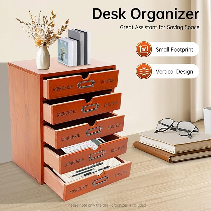 Stackable Wooden Desk Organizer with 5 Drawers Retro Brown Modular Storage Boxes for Home Office, Makeup, Stationery - No Assembly Required