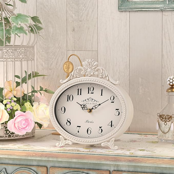 Abdurey Vintage Table Clock on Stand,Desk and Shelf Decorative Clock,French Rustic Style Mantel Clocks,Metal Frame Antique White Finish,Farmhouse,Bedroom, Bedside,Living Room,Gift Clocks