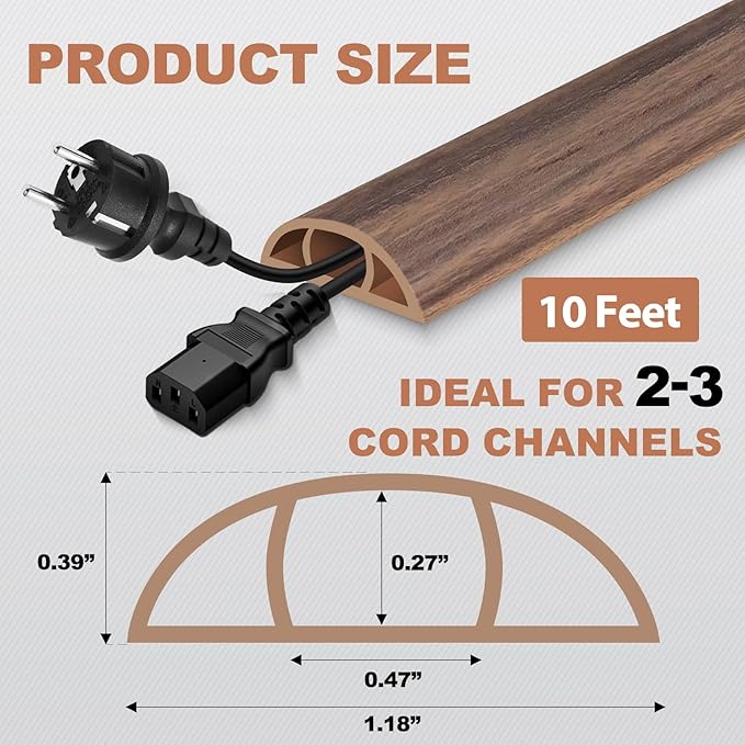 Floor Cord Cover for Wires on Floor Self Adhesive Cord Hider Floor Cable Management Wire Covers for Cords Protector Prevent Cable Trips Cord Cavity W 0.47" x H 0.27", Misty Brown Wood, 10Ft