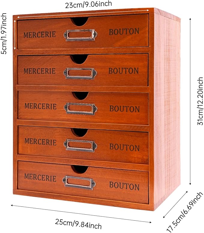 Stackable Wooden Desk Organizer with 5 Drawers Retro Brown Modular Storage Boxes for Home Office, Makeup, Stationery - No Assembly Required