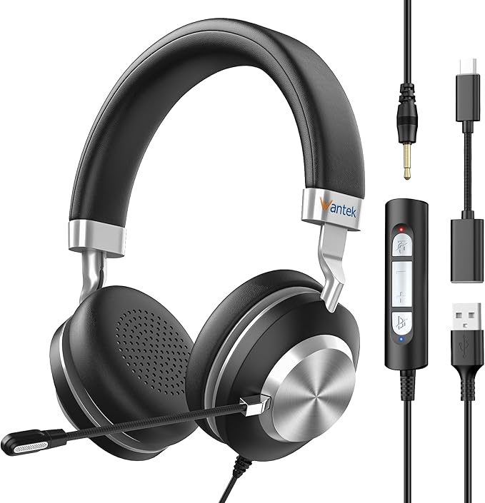 Wantek Headset wtih Mic, USB Headset with Microphone for PC, Computer Headset with Noise Canceling Microphone with Mute for Work Home Office Online Skype Zoom Meetings
