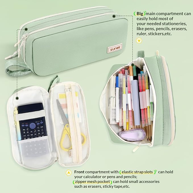 SUNEE Pencil Case, Large Capacity Pencil Pouch, Aesthetic Pen Bag Office Stationery Organizer Simple Sturdy Multifunctional for Teen Girls Women Men, Green