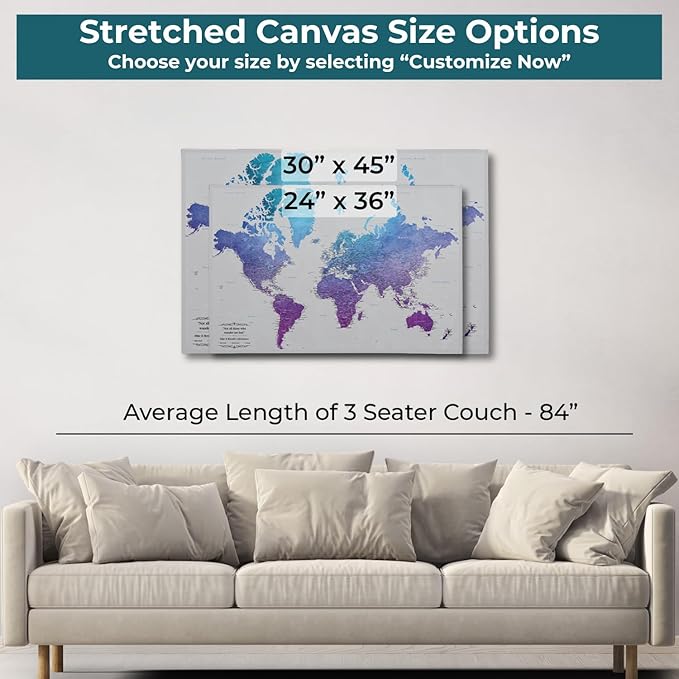 Gallery Wrapped - Vibrant Violet Watercolor World Push Pin Travel Map with pins