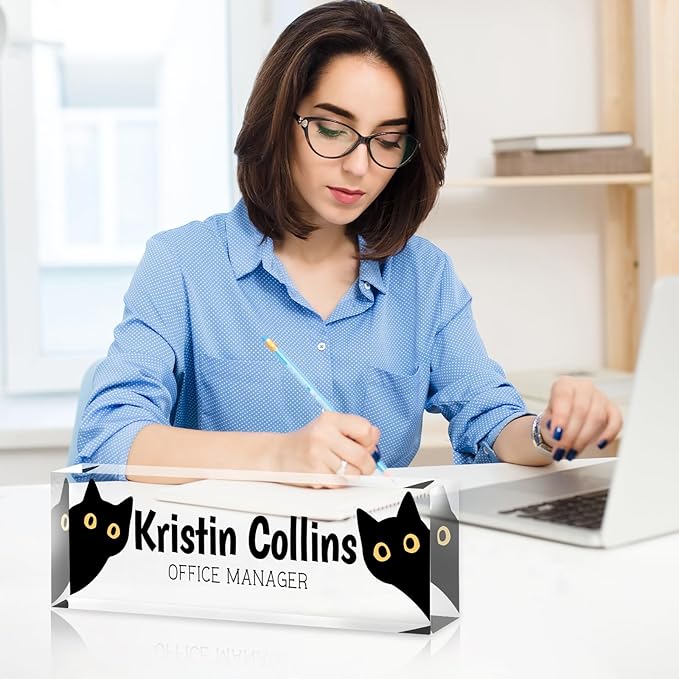 Custom Name Plate for Desk, Personalized Desk Name Plate on Clear Acrylic Glass, Appreciation Gifts for Teacher Employee Boss Coworkers Nurse, Desktop Office Accessories For Women (Black Yellow)