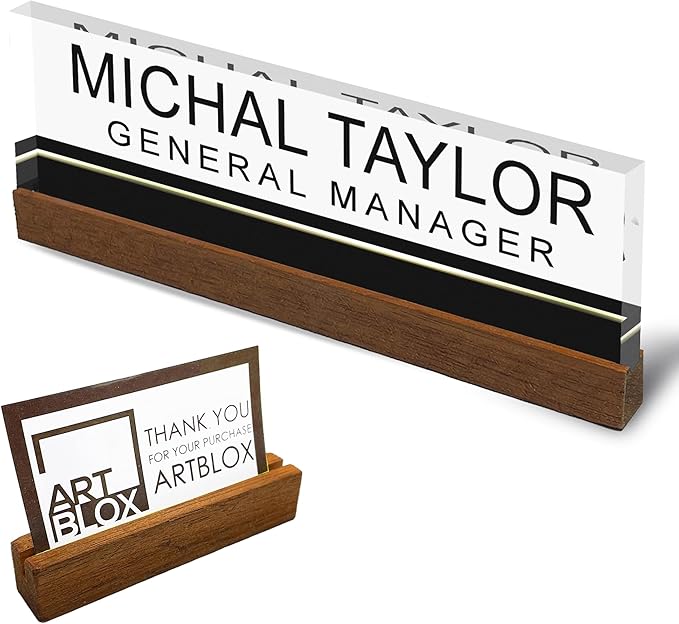 Artblox Personalized Office Desk Name Plate and Business Card Holder | Clear Acrylic Glass with Teak Wood Stand | Black Stripe Design Customized with Your Name and Credentials Office Desk Decor