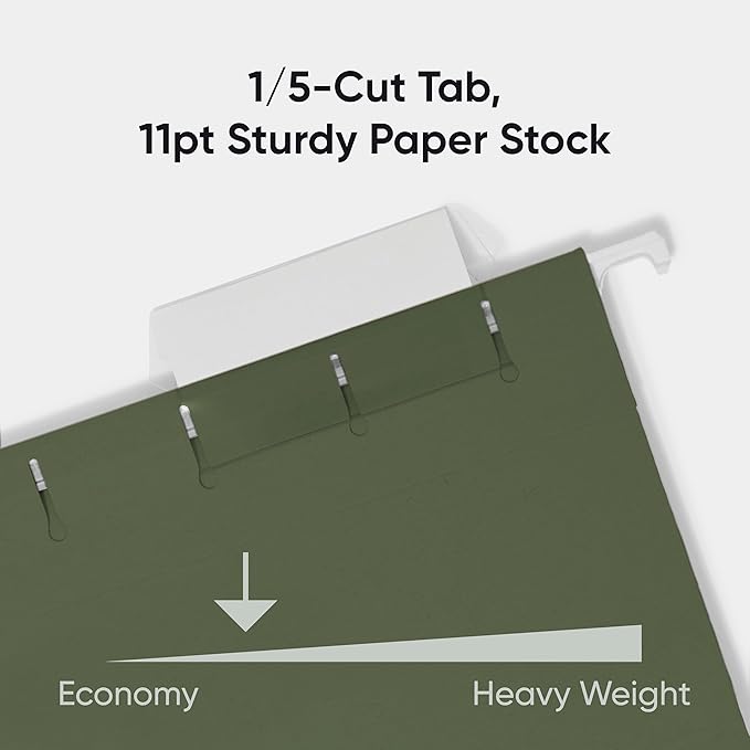 Smead Hanging File Folder, 1/5-Cut Adjustable Tab, Letter Size, Standard Green, Hanging Folders for Filing Cabinets, File Organizer Folder