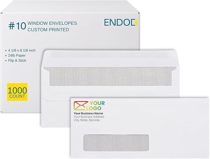 EnDoc #10 Single Left Window Custom Printed Business Envelopes, 1000-Pack - Self Seal Security Envelopes, Flip & Stick Closure, Text and Logo Customization, Privacy Tint, 24lb, 4 1/8 x 9 1/2 Inches