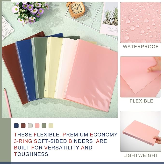 Fulmoon 48 Pack 3 Ring Plastic Binders 1 Inch Bulk with 2 Pockets, Flexible Binder Loose Leaf Hardcover, Fit 12" x 10" US Letter Size Paper, for School Office Home, 6 Colors(Boho)