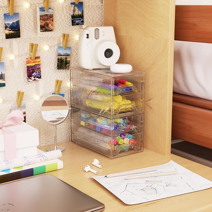 Desk Organizer Drawer Office Storage: 4 Plastic Drawers Organizers for Small Accessories, Clear Box for Stationery Supplies Organization, Storage Acrylic Bins Holder for Classroom Table