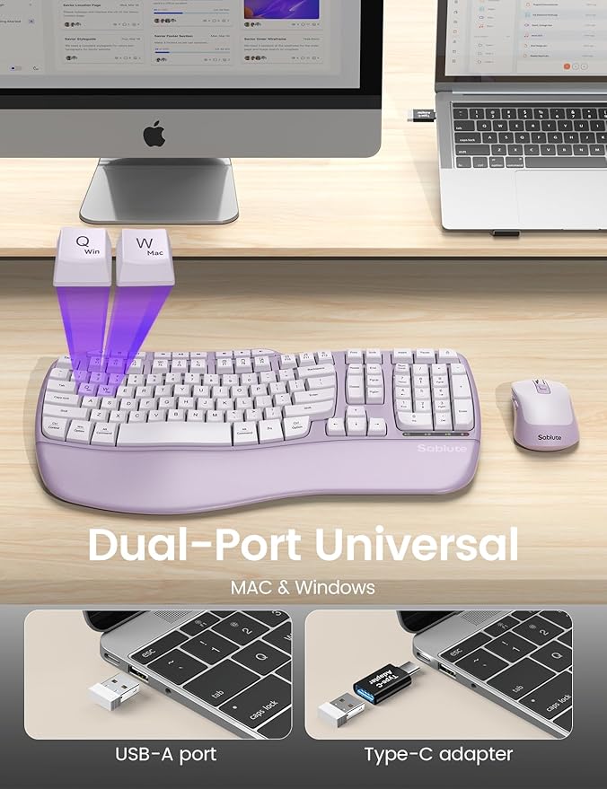 Purple Ergonomic Wireless Keyboard and Mouse Combo, Sablute 2.4G Full Size Ergo Wave Key Board with Cushioned Plam Rest, Natural Typing, 3 DPI Adjustable Silent Mouse for Computer/Laptop/Windows/Mac